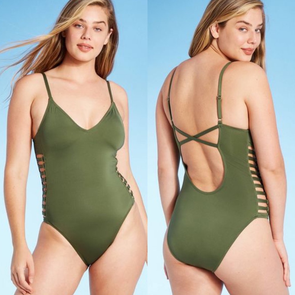 Shade & Shore Sage Olive Green Strappy One-Piece Bathing Swim Suit